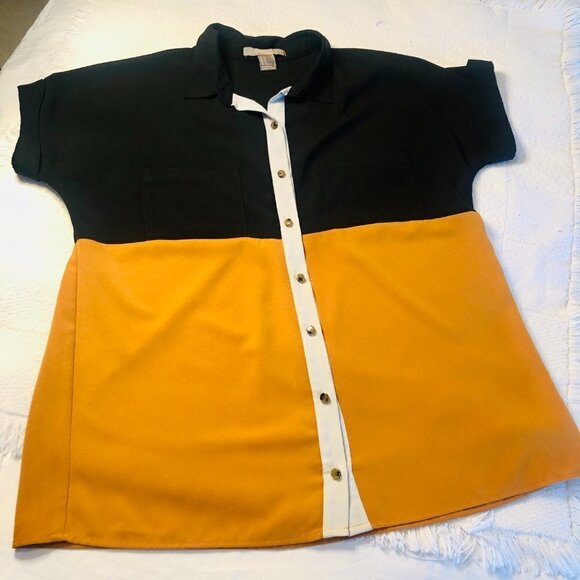 Forever 21 Blouse Colorblock Button Front Black Gold Oversized size Medium - Picture 13 of 16